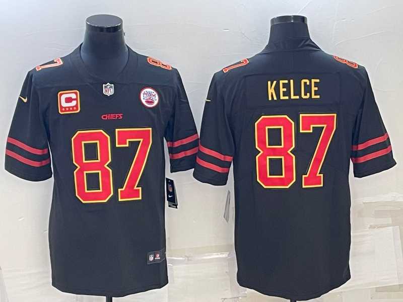 Mens Kansas City Chiefs #87 Travis Kelce Black Red Gold 4-star C Patch Vapor Untouchable Limited Stitched Jersey->kansas city chiefs->NFL Jersey